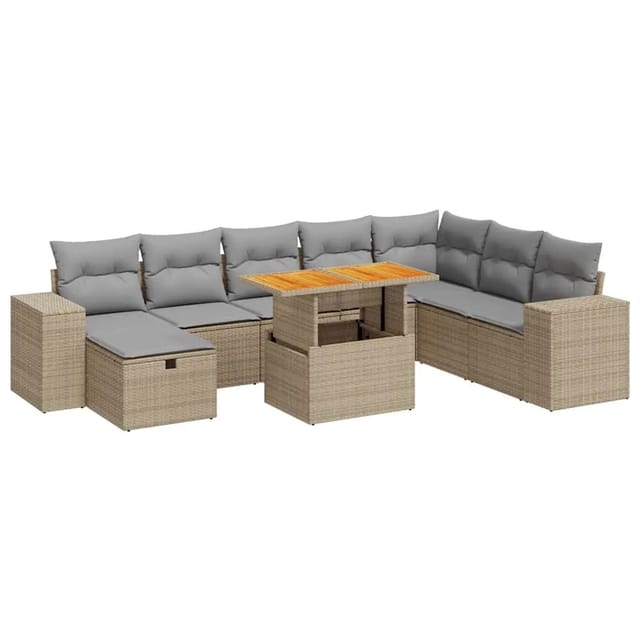 vidaXL 9-Tlg Garten-Sofagarnitur mit Kissen Beige Poly Rattan Akazie 3328102