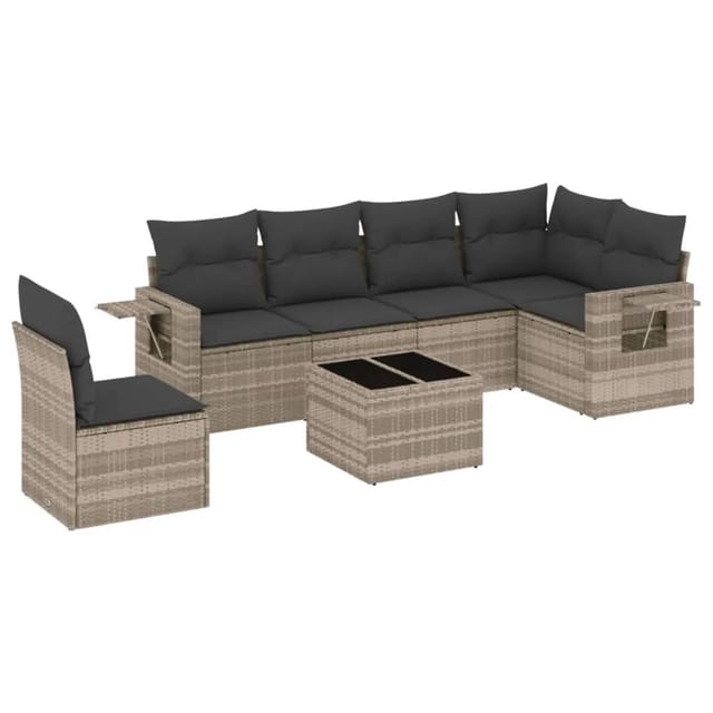 vidaXL 7-Tlg Garten-Sofagarnitur mit Kissen Hellgrau Poly Rattan 3252579