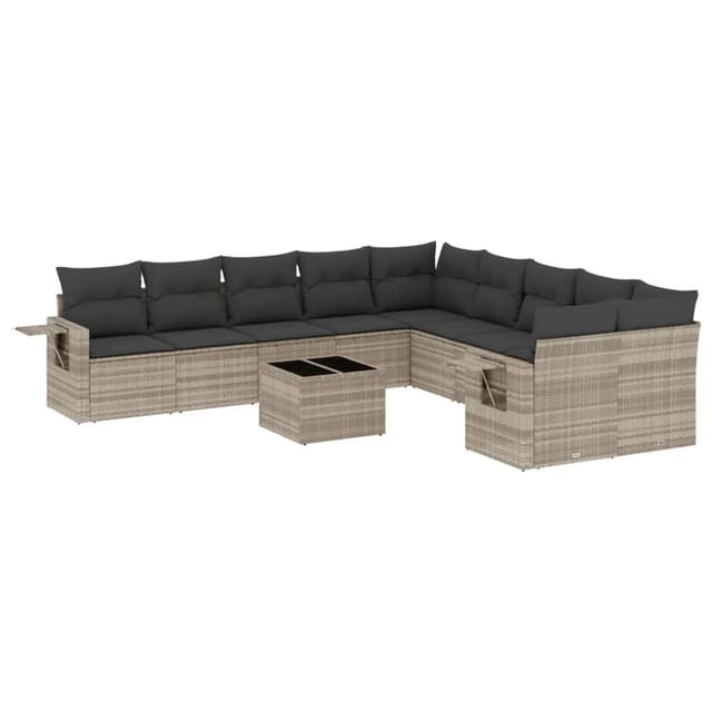 vidaXL 11-Tlg Garten-Sofagarnitur mit Kissen Hellgrau Poly Rattan 3253059