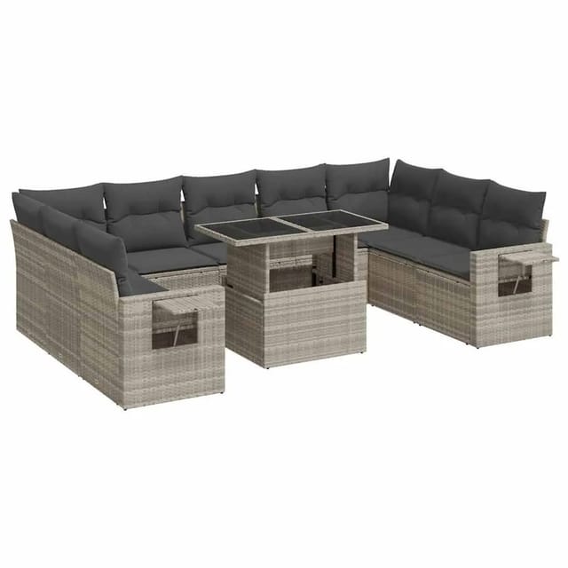 vidaXL 10-Tlg Garten-Sofagarnitur mit Kissen Hellgrau Poly Rattan 3326543