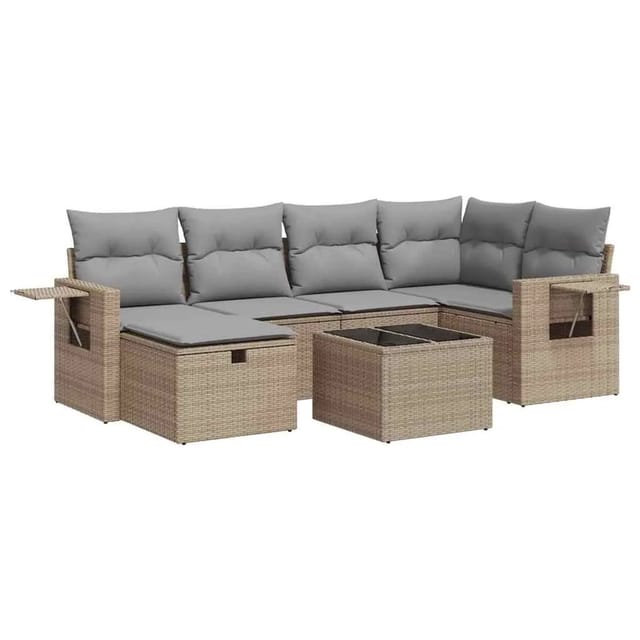 vidaXL 7-Tlg Garten-Sofagarnitur mit Kissen Beige Poly Rattan 3325495