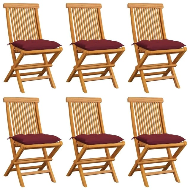 vidaXL Gartenstühle mit Weinroten Kissen 6 Stk Massivholz Teak 3065614