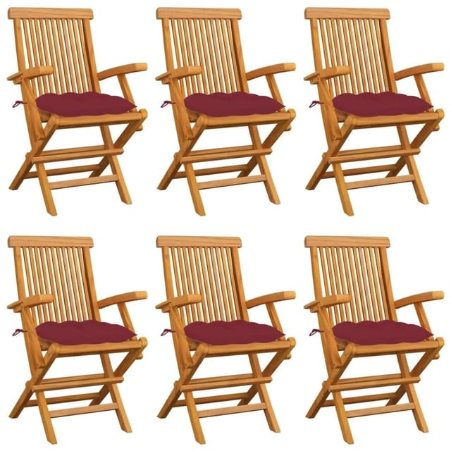 vidaXL Gartenstühle mit Weinroten Kissen 6 Stk Massivholz Teak 3062565