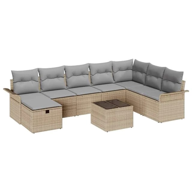 vidaXL Gartensofa-set mit Kissen 9-Tlg Beige und Hellgrau Poly-Rattan 3358939