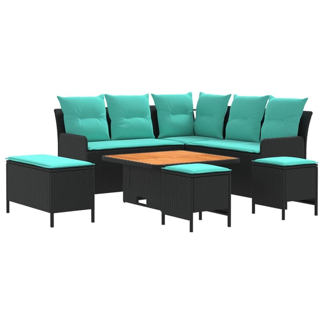 vidaXL Möbelsets mit Kissen 7 Stk Schwarz und Türkis PE-Rattan 3422215