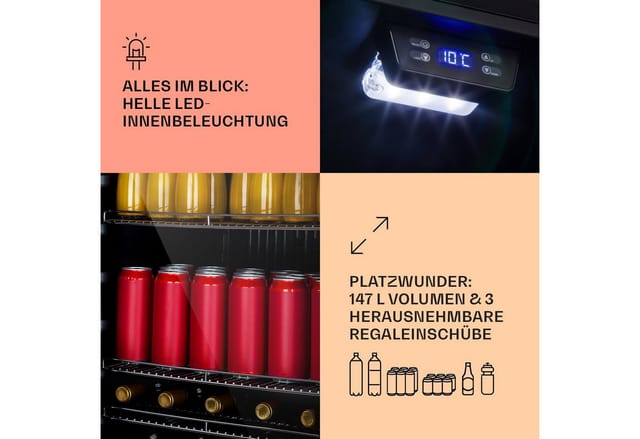 Beersafe 5XL Kühlschrank 148 Liter 3 Böden Panoramaglastür Edelstahl Onyx 148 Liter