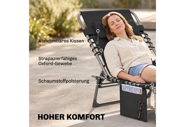 Outsunny Gartenliege faltbar mit Kissen Garten 5-stufige Rückenlehne verstellbar, Sonnenliege, 1 St., Klappliege, Stahl Oxford-Stoff Schwarz 188 x 57 x 30 cm