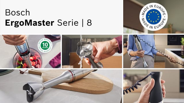 BOSCH Stabmixer ErgoMaster Serie 8, MSM8M914, Doppelschneebesen, Spiralkabel, Becher, 1500 W, 6 Klingen Edelstahl, Keramikkupplung, luftgekühlter Motor