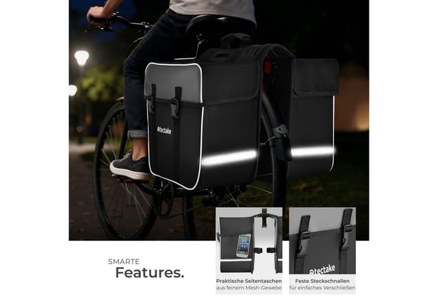 tectake Fahrradtasche Fahrradgepäck Set Georg - wasserabweisend und robust (fahrradtasche GEORG, in schwarz/rot), Reflektierende Streifen für mehr Sicherheit
