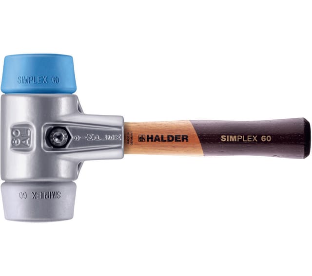 HALDER SIMPLEX Schonhammer Ø 60 mm TPE-soft blau / TPE-mid grau kurzer Stiel mit Aluminiumgehäuse | Gravur möglich
