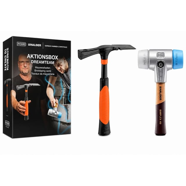 HALDER Aktionsbox Dreamteam Maurerarbeiten SIMPLEX Ø 60 mm TPE-soft / TPE-mid + PICARD Maurerhammer | Gravur möglich