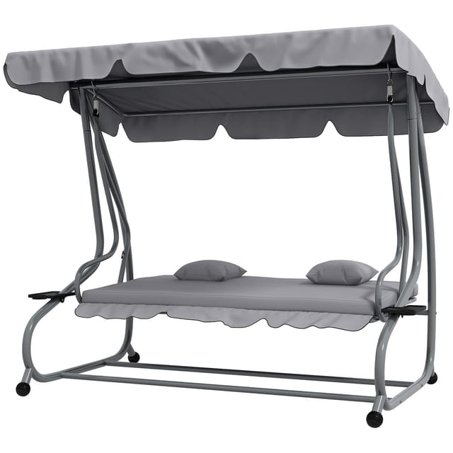Hollywoodschaukel 3-sitzer, Belastung 340kg, Mit Liegefunktion, Verstellbarem Dach, Klappbarem Beistelltisch, 200x120x164 Cm, Hellgrau