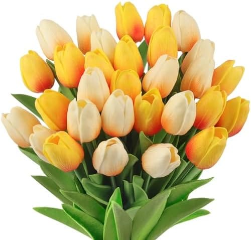Künstliche Tulpen, 12 Stück Tulpen-kunstblumen Mit Realistischem Touch, Kunstblumen Für Hochzeitssträuße, Tischdekoration, Muttertag, Heim-deko（gelb Und Weiß）