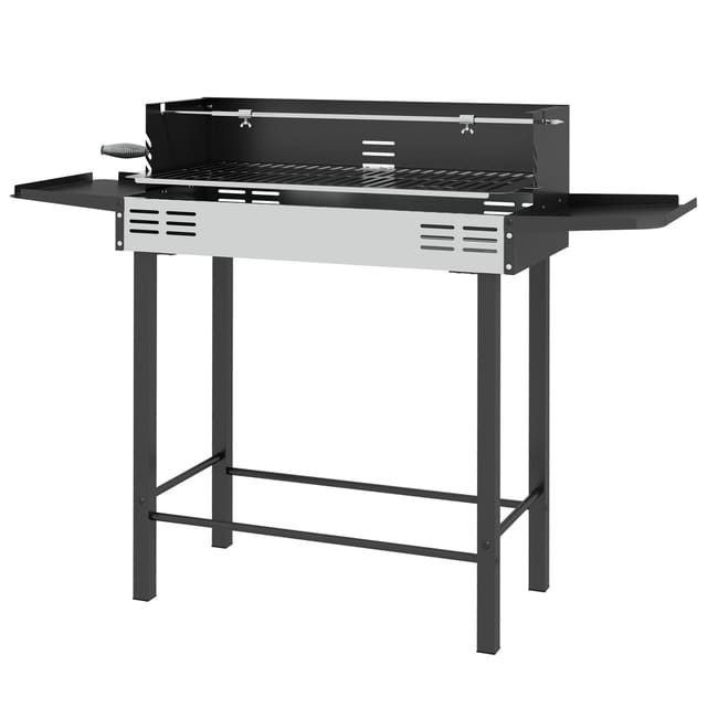 Holzkohlegrill Mit 3-fach Verstellbarem Grillrost, Klappbaren Seitenablagen, 118 X 32 X 90 Cm, Schwarz