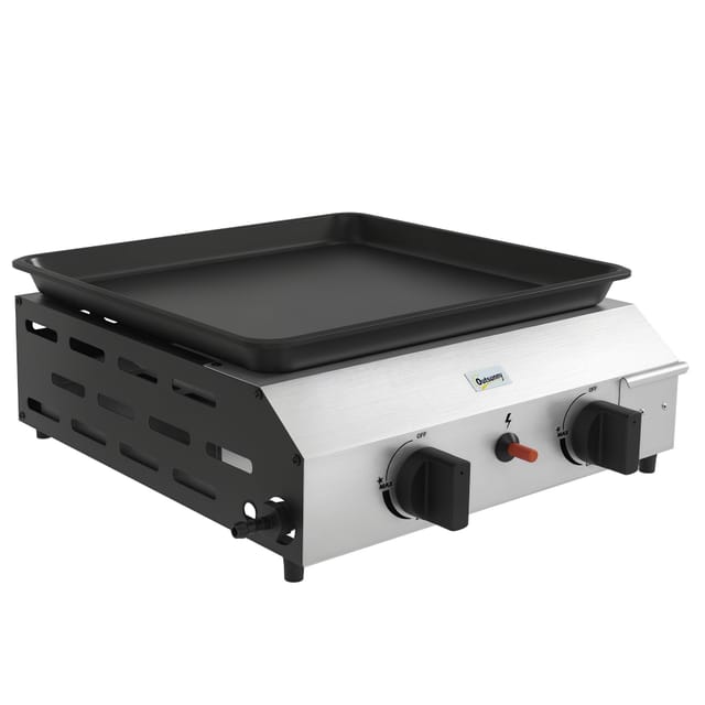 Gasgrillplatte Aus Emailliertem Edelstahl Mit 2 Brennern, 4,8 Kw, Antihaftbeschichtung, Große Kochfläche 40x34 Cm, Tragbar, Ideal Für Grillabende Im Freien, Camping Und Terrassen.