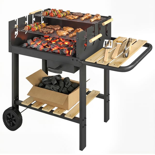 Grillwagen Aus Holz Mit 2 Verstellbaren Grillrosten, Holzkohlegrill Auf Rädern, Schwarzer Seitenablage, Einfaches Kochen, Bequemer Transport.