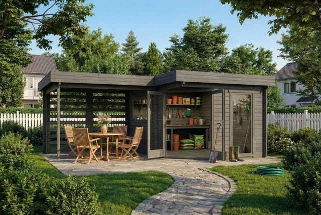 Alpholz 5-eck Gartenhaus Pepe Optima Gartenhaus Aus Holz In Grau, Holzhaus Mit 34 Mm Wandstärke, Blockbohlenhaus Mit Montagematerial
