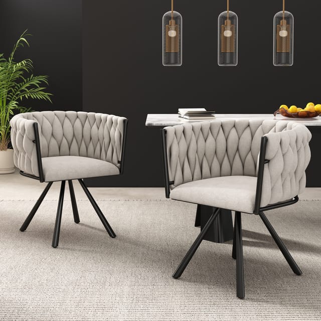 Okwish - Set Aus 2 Leinen-esszimmerstühlen, Luxuriöser Drehstuhl Für Wohnzimmer, Schlafzimmer, Freizeit-drehstuhl Mit Vier Stützbeinen Aus Metall, Beige Und Schwarzes Leinen