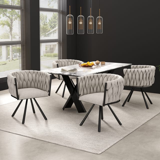 Okwish - Esszimmerstühle Aus Leinen, 4er-set, Luxuriöser Drehstuhl Für Wohnzimmer Und Schlafzimmer, Freizeit-drehstuhl Mit Vier Stützbeinen Aus Metall, Leinen In Beige Und Schwarz