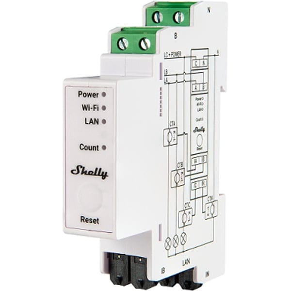 Shelly Hutschiene Pro 3EM 120A v2 Stromzähler inkl. 3x 120A Klemmen Messfunktion WLAN LAN BT