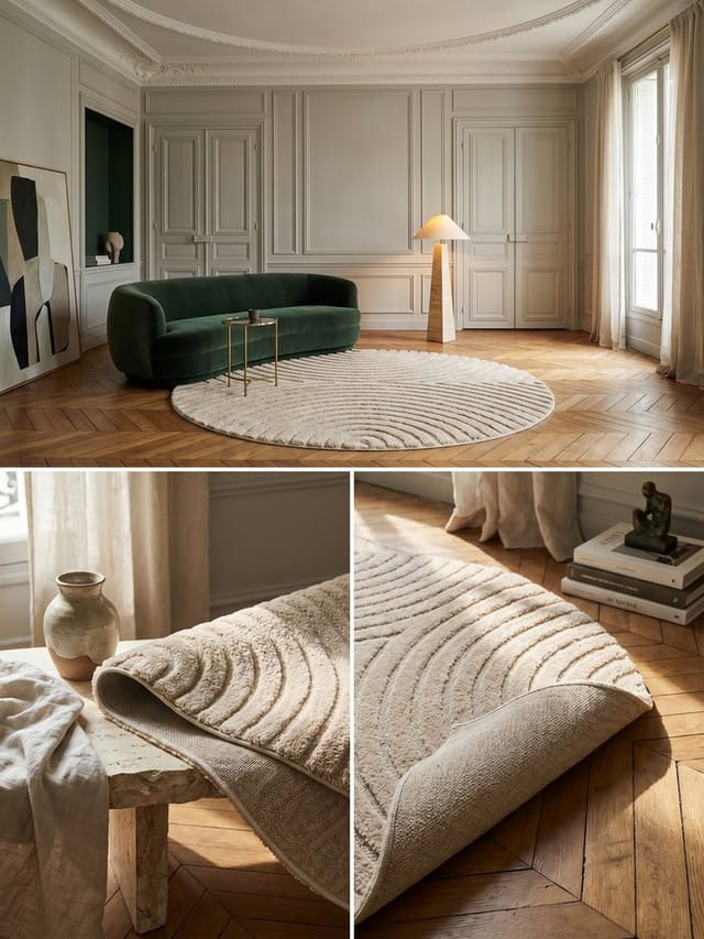 KADIMA DESIGN Teppich RIGI Hoch-Tief 3D-Effekt Waschbar Strapazierfähig, Rund, Höhe: 10 mm, Beige, 80x80 cm, Wohnzimmerteppich Strapazierfähig Waschbar