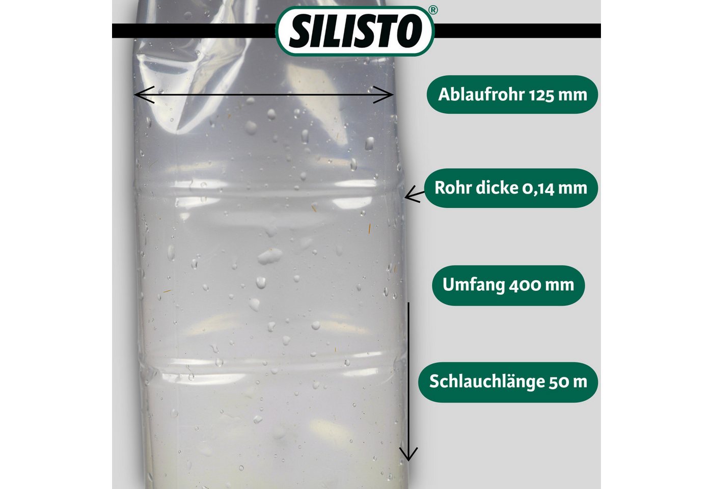 Silisto Regenfallrohr Fallrohrprovisorium 50m für Ablaufrohre bis Ø 125 mm, (1-tlg), Universeller Einsatz für Ablaufrohre, Fallrohr Schlauch