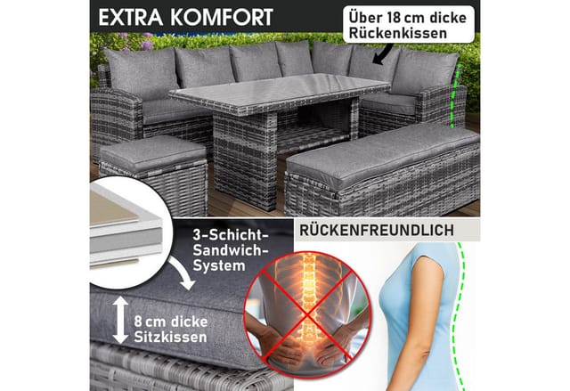 BRAST Garten-Essgruppe ECO bis zu 9 Personen viele Farben inkl. extra Dicke Kissen, TÜV geprüft Outdoor Loungemöbel Sitzgruppe Essgruppe Garnitur