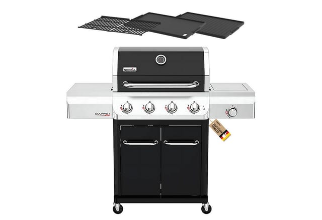 nexgrill Gasgrill 4B Gourmet Pro 4 + 1 Brenner, Seitenkochfeld & Gusseisen Plancha, 16,5KW, Gourmet Pro, Aufbaumaß: 134x56x121 cm