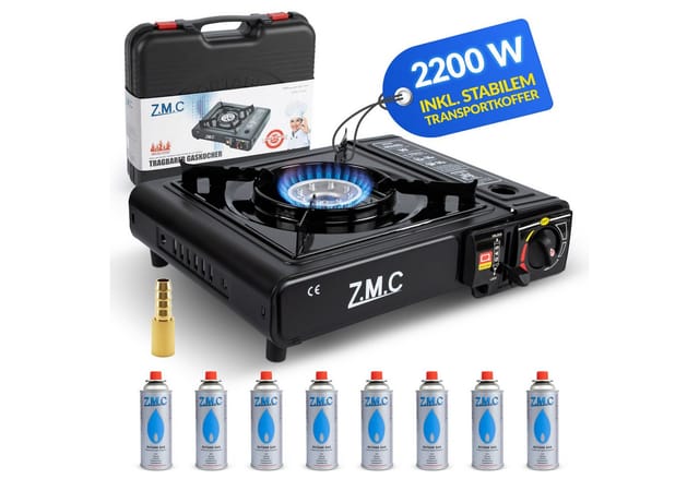 ZMC Otto mit 8x, (Butangas Campingkocher für Innenraum/Outdoor, Campinggaskocher 2,2 kW mit Piezozündung), Kochfeld Herd Gaskocher mit Kartusche, Gaskochfeld für Camping