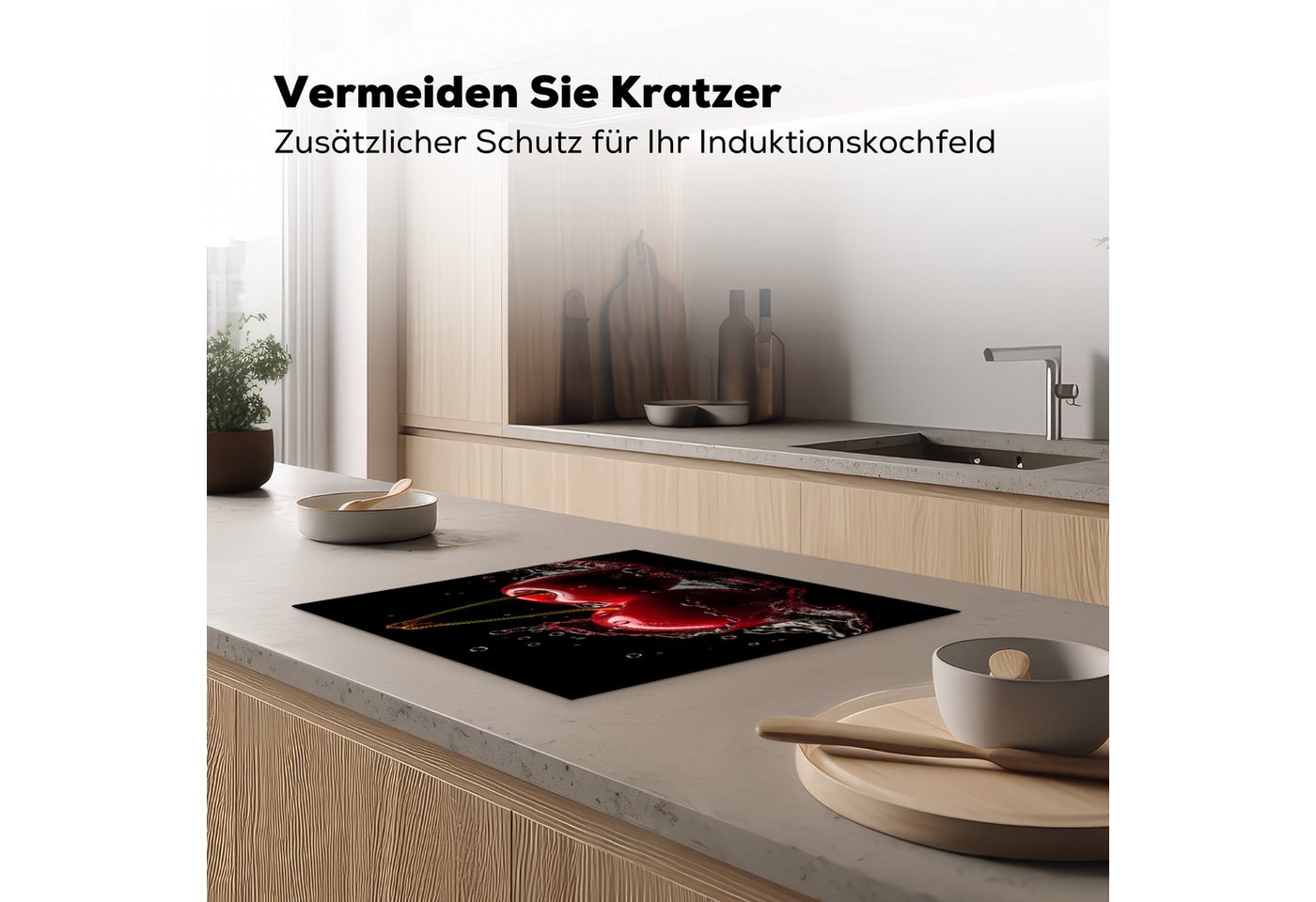 MuchoWow Herd-Abdeckplatte Kirsche - Rot - Frucht - Wasser - Schwarz, Vinyl, (1 tlg), Ceranfeldabdeckung Küche, Herdabdeckplatte Einteilig, 59x51 cm