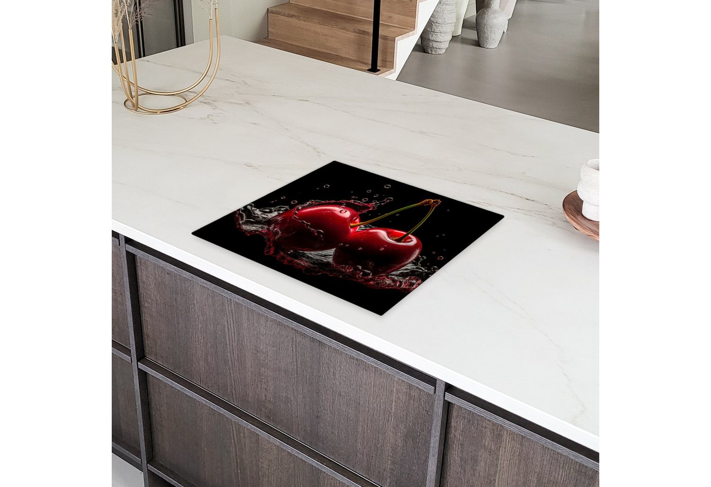 MuchoWow Herd-Abdeckplatte Kirsche - Rot - Frucht - Wasser - Schwarz, Vinyl, (1 tlg), Ceranfeldabdeckung Küche, Herdabdeckplatte Einteilig, 59x51 cm Bild 3