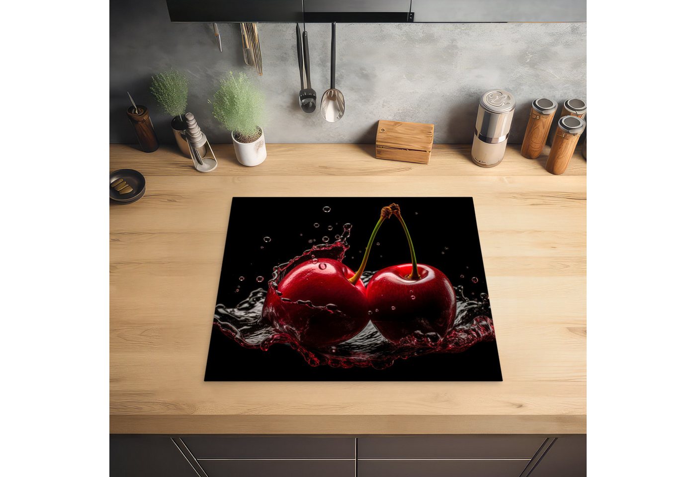 MuchoWow Herd-Abdeckplatte Kirsche - Rot - Frucht - Wasser - Schwarz, Vinyl, (1 tlg), Ceranfeldabdeckung Küche, Herdabdeckplatte Einteilig, 59x51 cm Bild 5