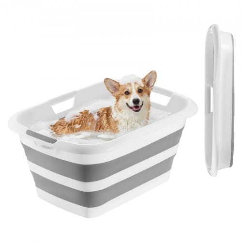 VEVOR Faltbare Hundebadewanne 34L, Tragbare Haustierbadewanne aus PP & TPR, Haustierwanne zum Baden Pflegen für Kleine Hunde Katzen bis 9kg, Multifunktionaler Wäschekorb Aufbewahrungskorb, Grau & Weiß