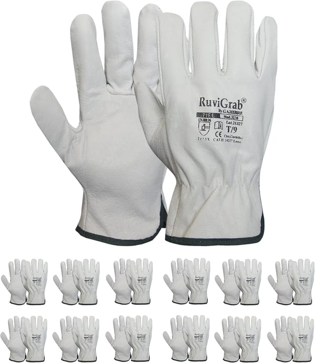 12er-pack Arbeitshandschuhe, Naturleder, Mechanischer Und Thermischer Schutz, Elastisches Handgelenk, Für Industrie Und Gartenarbeit
