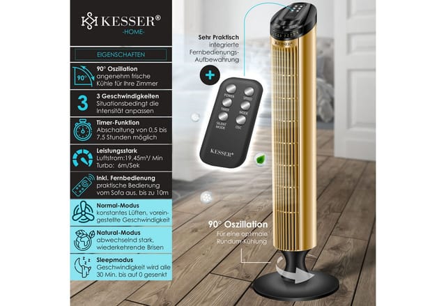 Turmventilator Fernbedienung Ventilator Led Display Standventilator Klimaanlage Schwarz / Gold - Kesser