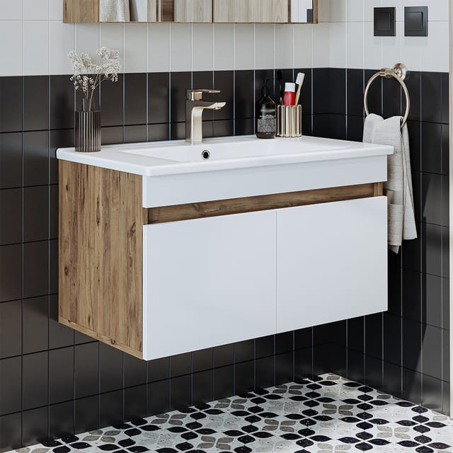 Roomart Atria-85 Badmöbel-set 2-tlg 85 Cm Breit, Weiß-eiche