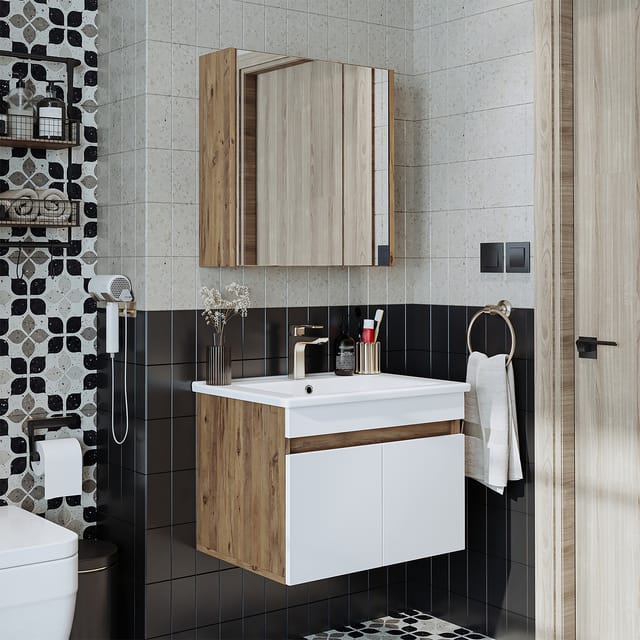 Roomart Atria-65 Badmöbel-set 3-tlg 65 Cm Breit, Weiß-eiche