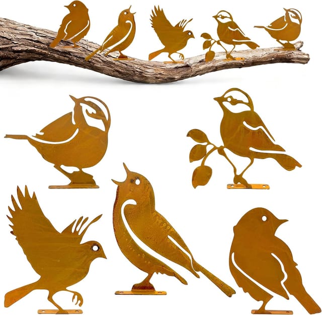 5er-set Vögel Aus Metall In Rostoptik, Inklusive Schrauben, Für Baum, Zaun, Garten