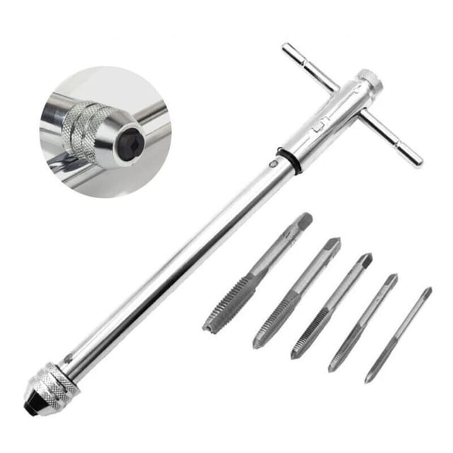 Set Aus 5 Titanbeschichteten Hss-handgewindebohrern M3-m8 + Verlängerter Werkzeughalter Mit Verschiebbarem Griff Für Gewindebohrer