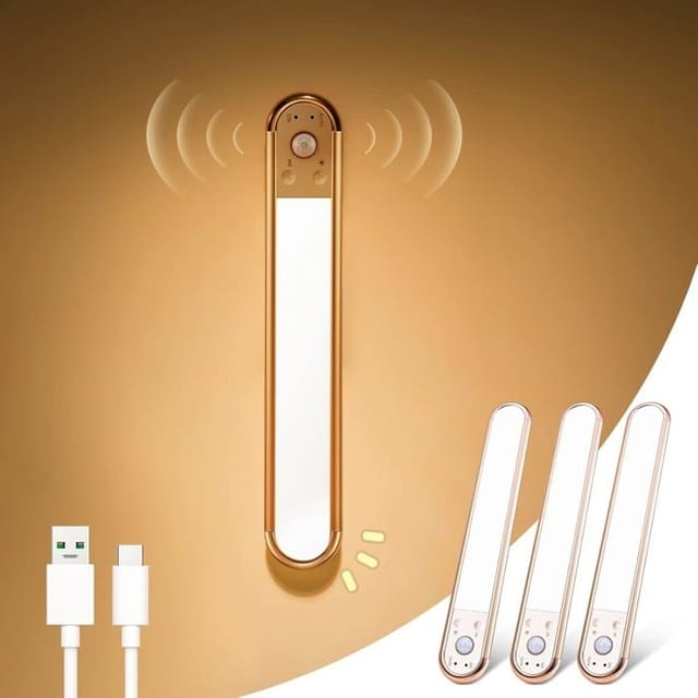 (gold) 3-led-innenleuchte Mit Bewegungsmelder, Wiederaufladbarer Led-streifen, Kabellose Led-lampe, 70 Leds, 3 Farben, Nachtlicht
