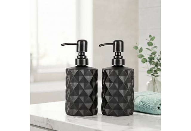 Relaxdays Seifenspender, 2er Set, 350 Ml, Glas, Nachfüllbar, Seife, Duschgel, Bad & Küche, Handseifenspender, Schwarz