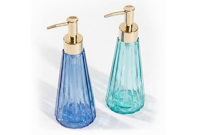 Relaxdays Seifenspender, 2er Set, 320 Ml, Glas, Nachfüllbar, Seife, Duschgel, Bad & Küche, Handseifenspender, Grün/blau