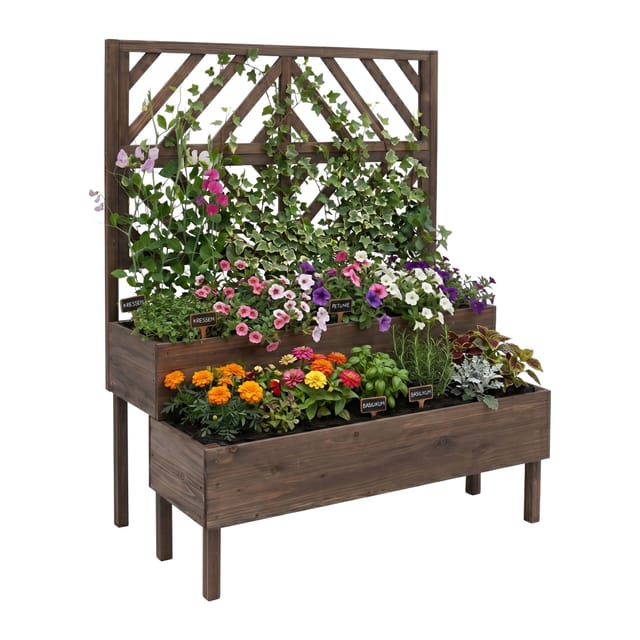 Relaxdays Blumenkasten Mit Spalier, Hbt: 135x109x62 Cm, Holz, 2 Pflanzkübel & Sichtschutz, Garten Hochbeet, Dunkelbraun