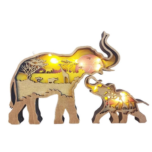 Elefantenmutter Mit Baby, Holzfigur Mit Led-beleuchtung, Dekoration Für Zuhause, Schreibtisch Oder Tisch