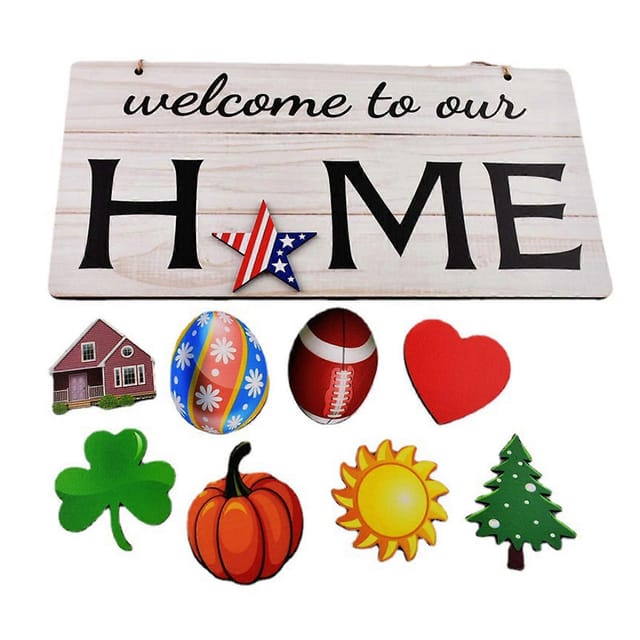 Willkommen In Unserem Zuhause Holzschild Mit 9 Austauschbaren Ornamenten, Ideal Als Dekoration Für Ostern, Feste Und Als Geschenk Für Die Haustür.