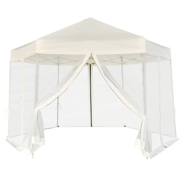 Hexagonal Pop-up Zelt Mit 6 Seitenwänden Cremeweiß 3,6x3,1 M