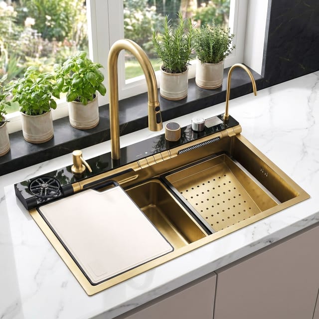 Multifunktionales Edelstahlwaschbecken Rea Alonzo 10w1 Brush Gold