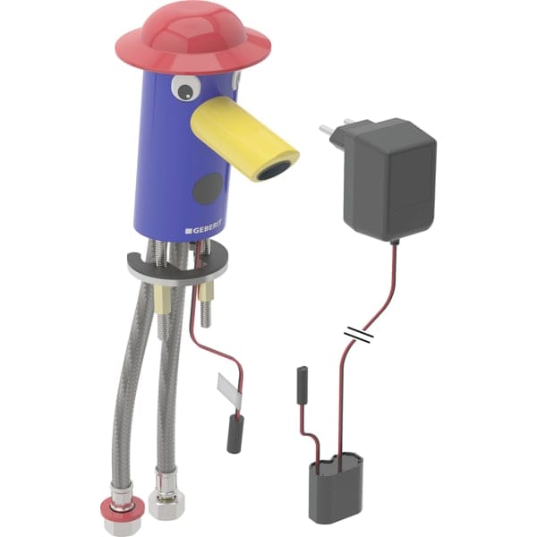 Geberit Bambini Waschtischarmatur Netzbetrieb, Mehrfarbig: Mischer=mit Mischer, Korpus: Ultramarinblau / Pulverbeschichtet, Hut: Karminrot, Auslauf: Rapsgelb / Pulverbeschichtet