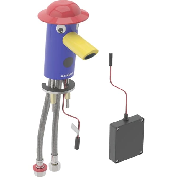 Geberit Bambini Waschtischarmatur Batteriebetrieb, Mehrfarbig: Mischer=mit Mischer, Korpus: Ultramarinblau / Pulverbeschichtet, Hut: Karminrot, Auslauf: Rapsgelb / Pulverbeschichtet