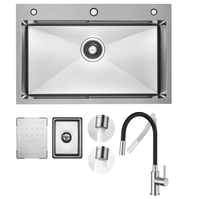 Cecipa Max - Küchenspüle Aus Edelstahl 70x45cm Gebürstete Mit Abtropffläche + Universeller Küchenarmatur Gebürstete Küche Wasserhahn Hohe 380mm